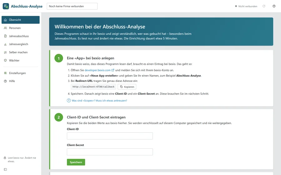 Einrichtung in drei Schritten: App anlegen, Zugang eintragen, verbinden
