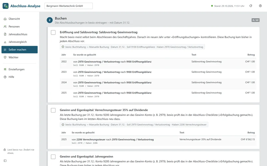 Checkliste mit Buchungsschritten und Beispielen aus den Vorjahren