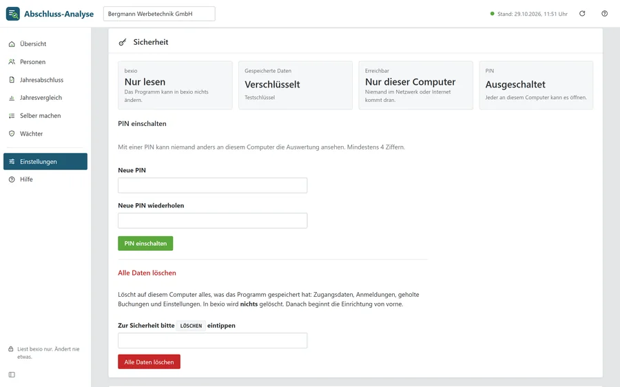 Sicherheitseinstellungen mit Schutzstatus, PIN und Alles löschen