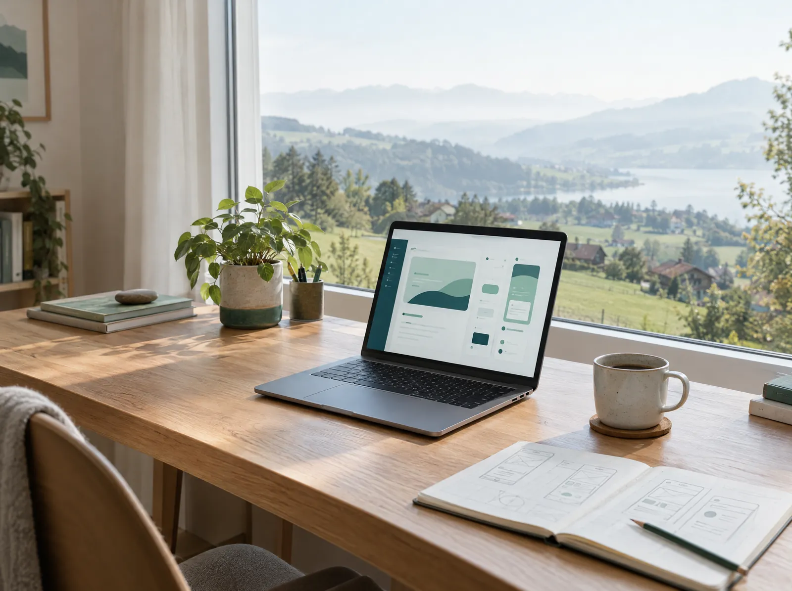 Heller Arbeitsplatz am Fenster mit Laptop, Skizzenbuch und Blick über die Hügel des Zürcher Oberlands