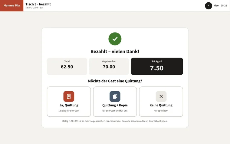 Bezahlt: Rückgeld gross und Quittungsfrage