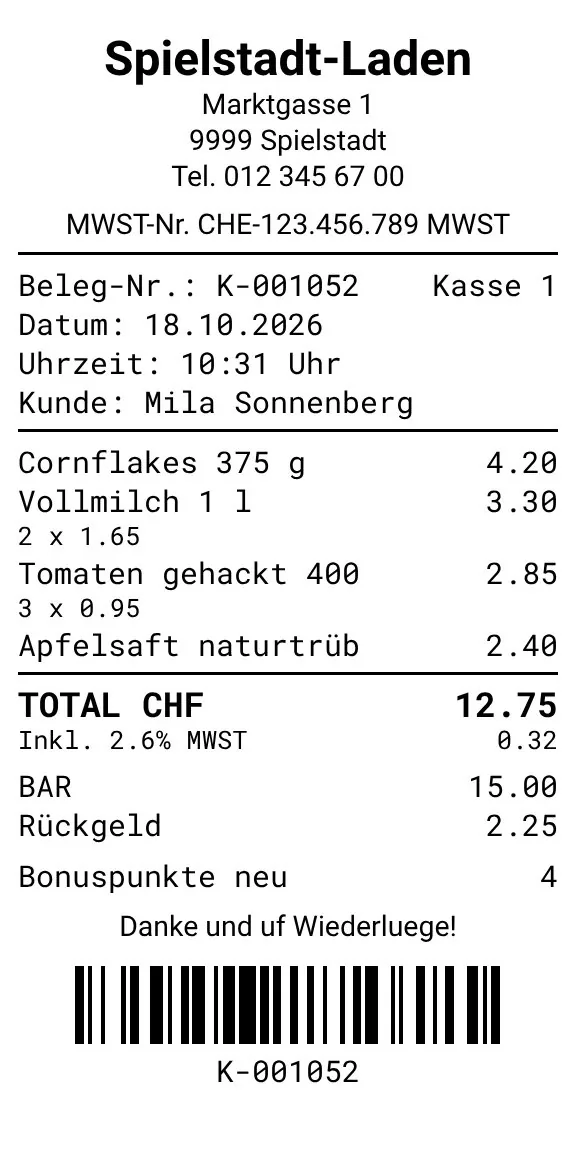 Kassenbeleg mit Positionen, MWST, Rückgeld und Barcode