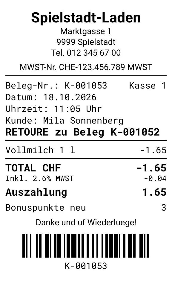 Retourenbeleg mit negativen Beträgen