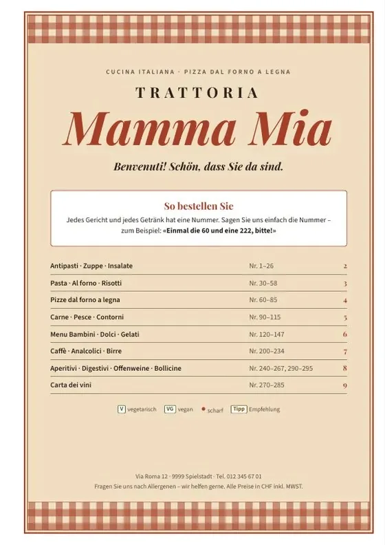 Speisekarte Trattoria Mamma Mia, Titelseite