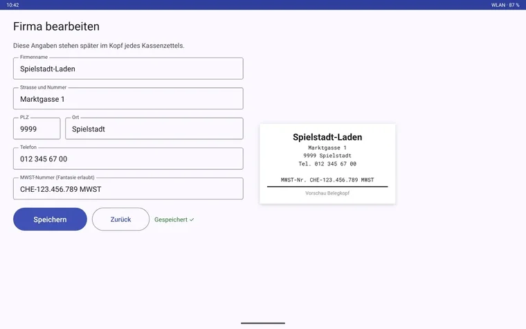 Firma bearbeiten: Name, Adresse und Belegkopf