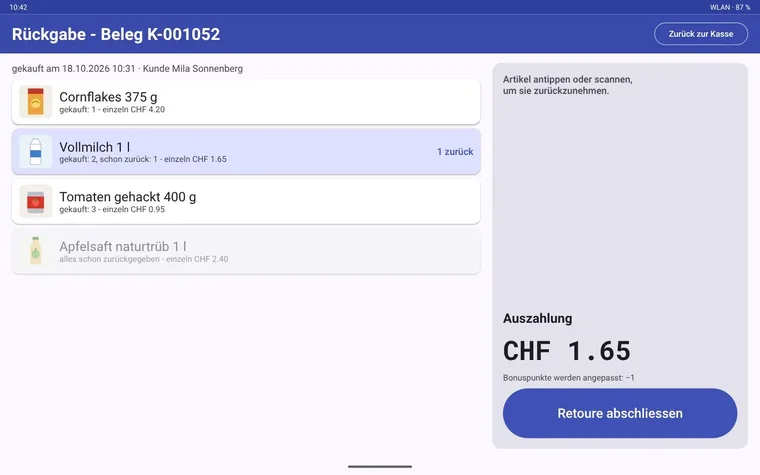 Rückgabe mit Beleg: zurückgebrachte Artikel antippen