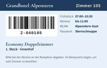 Zimmerkarte Rückseite mit Barcode, Frühstück und WLAN
