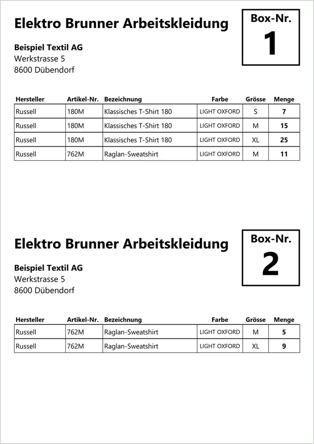 A4-Bogen mit zwei Etiketten: Elektro Brunner Box 1 und Box 2