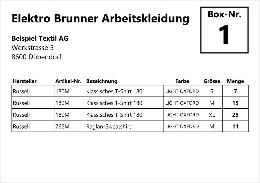 Etikette Elektro Brunner Arbeitskleidung, Box 1: Russell 180M und 762M in Light Oxford