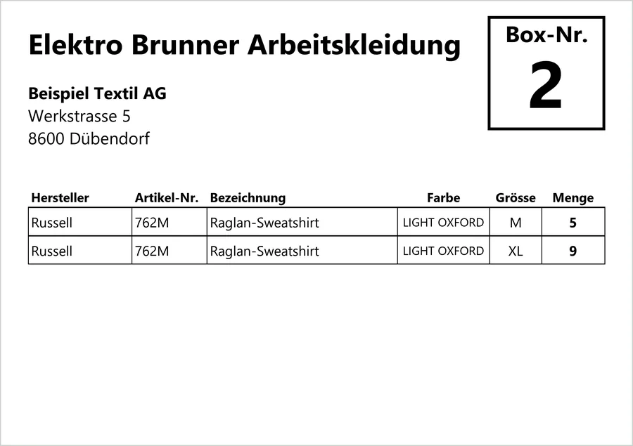 Etikette Elektro Brunner Arbeitskleidung, Box 2: Russell 762M Raglan-Sweatshirt