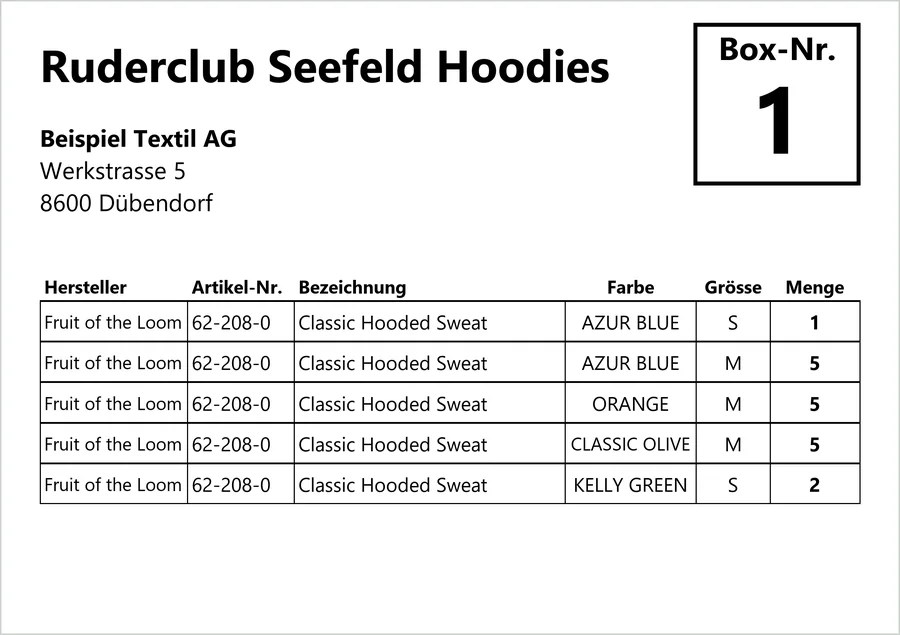 Etikette Ruderclub Seefeld Hoodies, Box 1: Fruit of the Loom Classic Hooded Sweat in vier Farben