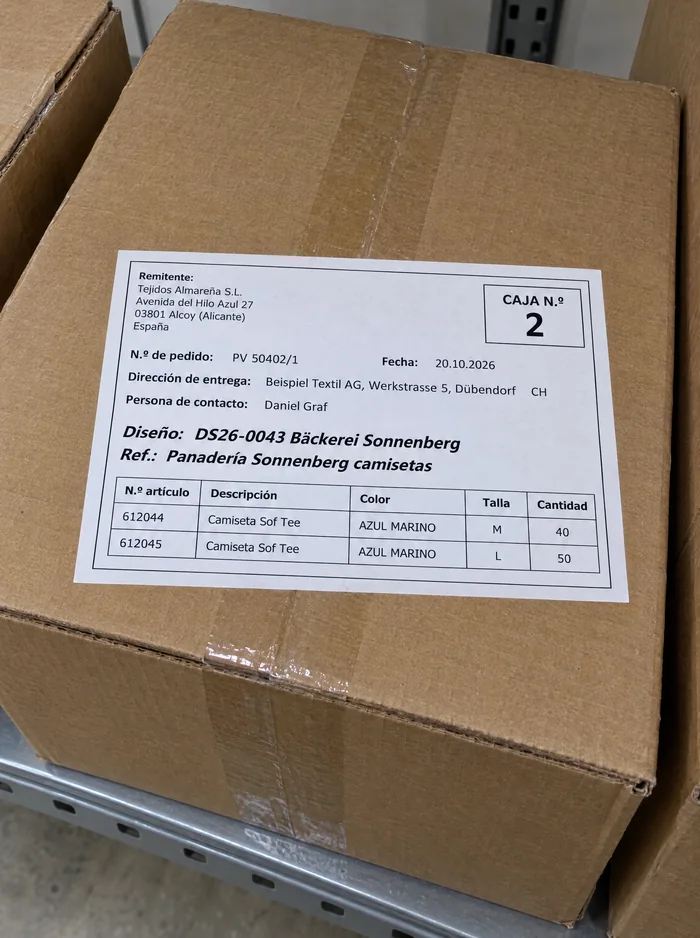 Spanisches Etikett: Pedido PV 50402/1, Caja 2