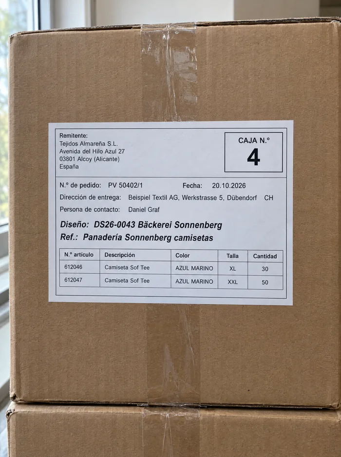 Spanisches Etikett: Pedido PV 50402/1, Caja 4