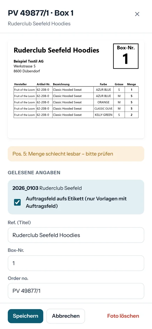 Handy-App: Vorschau der Etikette und gelber Hinweis Menge schlecht lesbar