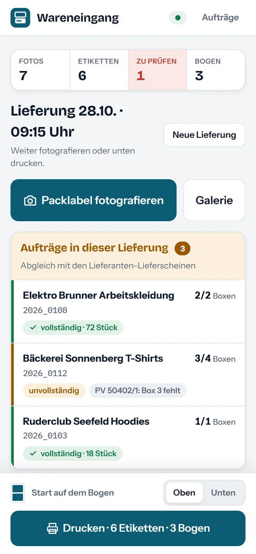 Handy-App: Lieferung mit sieben Fotos, Aufträgen mit Status und Druckknopf
