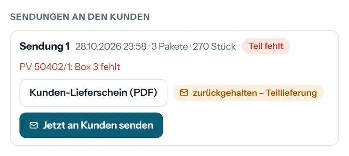 Sendung 1 mit Hinweis Teil fehlt, E-Mail zurückgehalten als Teillieferung