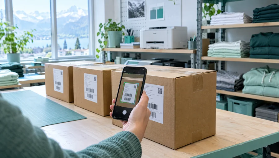 Eine Hand fotografiert mit dem Smartphone das Etikett auf einem Karton, im Hintergrund ein Drucker und Regale mit Textilien