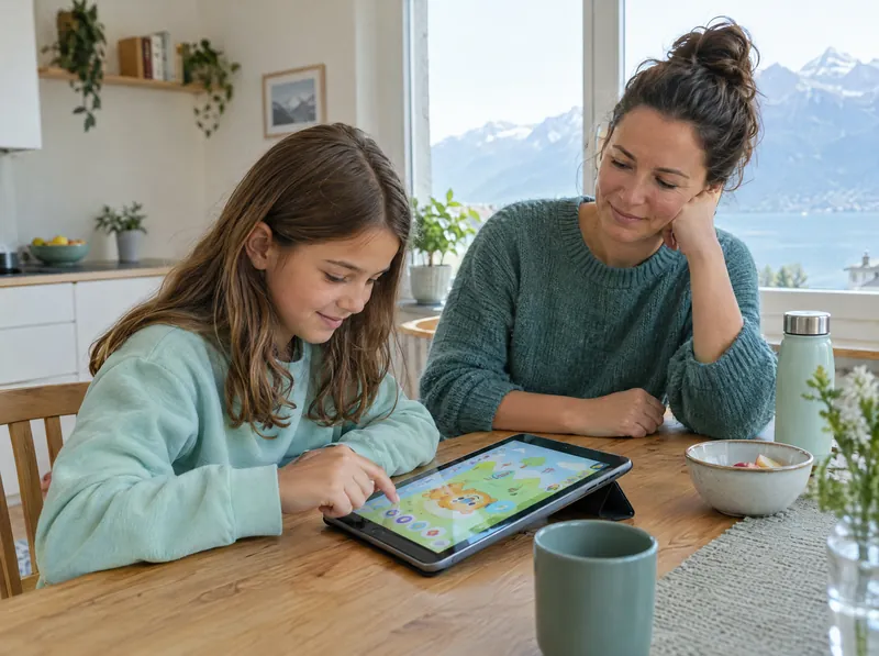 Ein Kind lernt am Küchentisch auf dem Tablet, die Mutter schaut zu