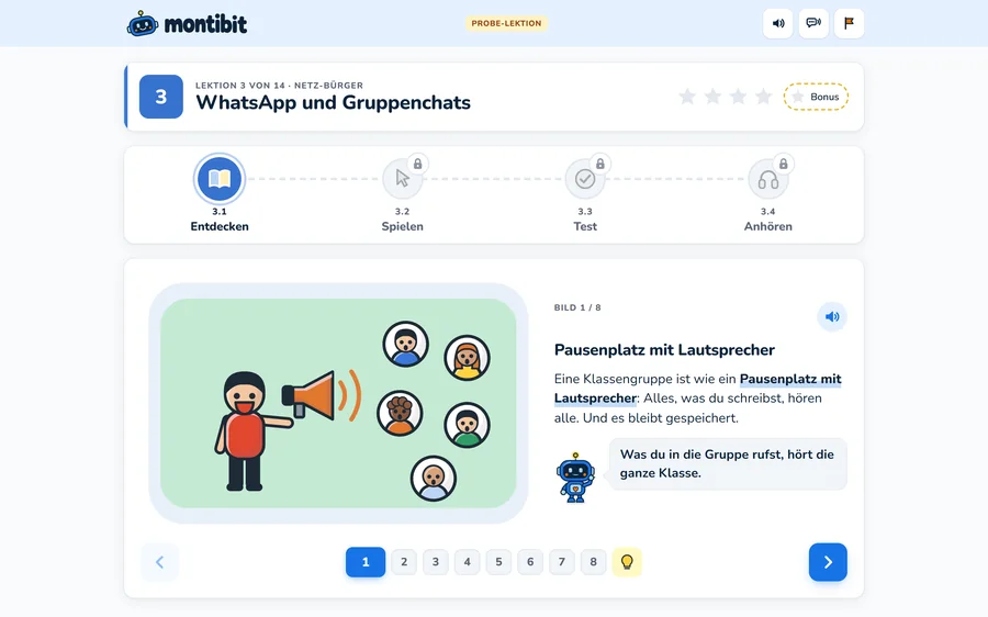 Lektion WhatsApp und Gruppenchats, Bildkarte Pausenplatz mit Lautsprecher