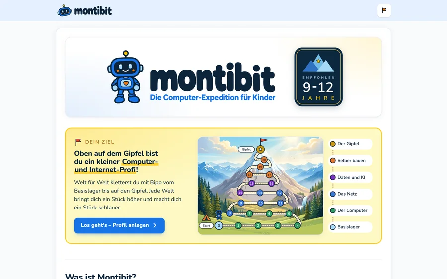 Startseite des Spiels mit Bipo und dem Montibit-Berg
