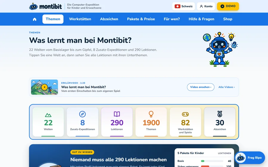 Übersicht: 22 Welten, 8 Zusatz-Expeditionen, 290 Lektionen, 1900 Themen, 82 Werkstätten, 30 Abzeichen