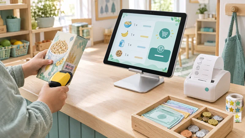 Kinderhände scannen eine Müslipackung an einer Spielkasse mit Tablet, Bondrucker und Spielgeld