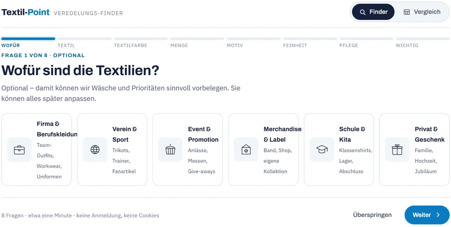 Veredelungs-Finder, Frage 1: Wofür sind die Textilien?