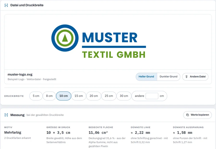 Logo-Check mit Muster-Logo, Druckbreite und Messung