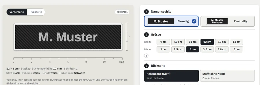 Namensschild-Konfigurator mit Vorschau im Massstab
