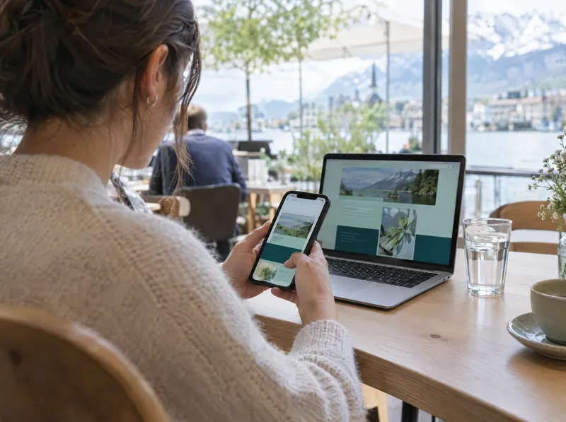 Eine Frau besucht in einem Café eine Website auf dem Handy, daneben steht ein Laptop